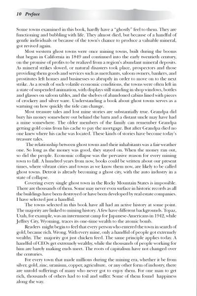 A page from "Ghost Towns of the Rockies" by Schiffer Publishing, Ltd., numbered 10 and titled Preface, features text on South Pass City, Rocky Mountain ghost town declines, and local rags-to-riches tales. No images or illustrations are included.