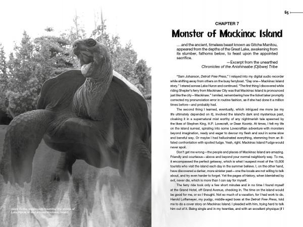 A black-and-white illustration of a giant turtle-like creature from Great Lakes ghost stories appears in "Campfire Tales Great Lakes" by Schiffer Publishing, Ltd.; text on the right describes the Monster of Mackinac Island.