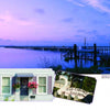 A long wooden pier stretches over calm water at sunset on Chincoteague Island, with a purple sky. Insets feature a house with pink flowers and a “Fine Carvings Sold Here” sign next to a bird sculpture. By Schiffer Publishing, Ltd.