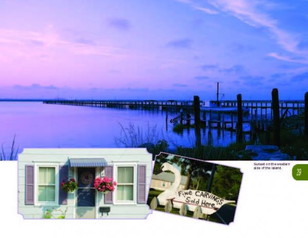 A long wooden pier stretches over calm water at sunset on Chincoteague Island, with a purple sky. Insets feature a house with pink flowers and a “Fine Carvings Sold Here” sign next to a bird sculpture. By Schiffer Publishing, Ltd.