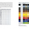 A book spread from "Fire and Light" by Schiffer Publishing, Ltd. explores color theory: the left page shows yellow, blue, and green paint swatches, a mixing chart, and text; the right displays a color mixing grid and palette knives with paint.