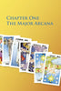 A tilted row of Tarot in Reverse Major Arcana cards by Schiffer Publishing, Ltd. are fanned on a yellow gradient, some reversed. "Chapter One The Major Arcana" appears in blue at the top. Cards shown include The Hermit, The Tower, and The Star.