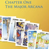 A tilted row of Tarot in Reverse Major Arcana cards by Schiffer Publishing, Ltd. are fanned on a yellow gradient, some reversed. "Chapter One The Major Arcana" appears in blue at the top. Cards shown include The Hermit, The Tower, and The Star.