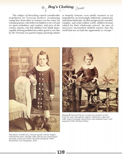 A vintage magazine page from "Victorian Fashions for Women and Children" by Schiffer Publishing, Ltd. showcases sepia photos of boys in Victorian attire, accompanied by text on boys’ fashion and society in the 1800s.