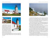 Two pages from "Lighthouses and Coastal Attractions of Northern New England" by Schiffer Publishing, Ltd. show text and color photos: a lighthouse with red-roofed buildings, a small boat scene, and a foggy cliffside ocean view—ideal for lighthouse enthusiasts.