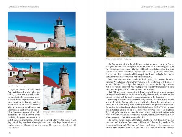 Two pages from "Lighthouses and Coastal Attractions of Northern New England" by Schiffer Publishing, Ltd. show text and color photos: a lighthouse with red-roofed buildings, a small boat scene, and a foggy cliffside ocean view—ideal for lighthouse enthusiasts.