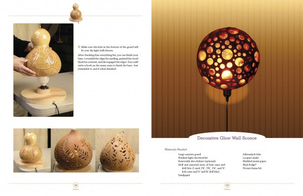 A two-page spread in "Gourd Lights" by Schiffer Publishing, Ltd. shows step-by-step photo instructions for crafting a glowing carved gourd lamp, with materials and tips for decorative lighting projects.