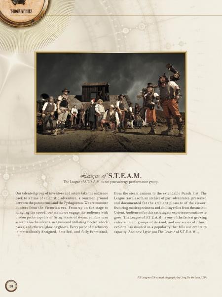A color photo features people in steampunk attire posing on a dirt road with a rustic building. The page highlights "International Steampunk Fashions" by Schiffer Publishing, Ltd. and showcases their inventive designs.