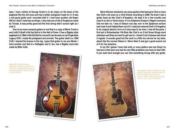 A book spread from "Paul Yandell, Second to the Best" (Schiffer Publishing, Ltd.) features text about guitars and two photos: a hollow-body electric guitar on the left and an acoustic guitar on the right, both on textured backgrounds.