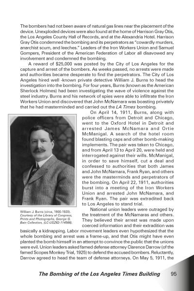 A page from Murder and Mayhem by Schiffer Publishing, Ltd. features two columns on the Los Angeles Times Building bombing, a key California crime event, with a black-and-white portrait of William J. Burns at the lower left.