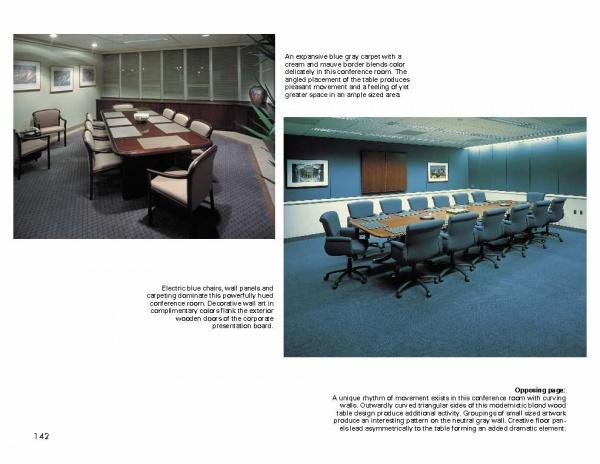 Two photos from "Power Rooms" by Schiffer Publishing, Ltd. show two conference rooms: one with a dark wood table, ten chairs, and blue carpet; the other more contemporary with a large oval table, many chairs, gray carpet, art, and office lighting.