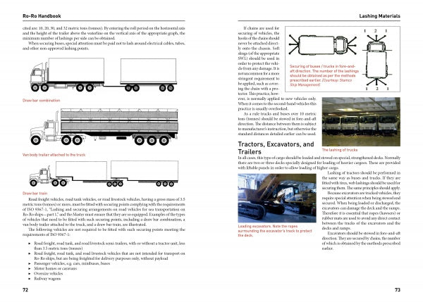 The Ro-Ro Handbook by Schiffer Publishing, Ltd. features diagrams of trucks and trailers alongside guides on tractors, excavators, trailers, and lashing materials—ideal for Ro-Ro shipping or ship operations. Includes photos of lashing methods in use.