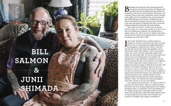 An older man and a tattooed woman sit together on a patterned couch in a plant-filled room. Text reads “Bill Salmon & Junii Shimada,” renowned tattoo artists. Right side features info about Knives and Needles by Schiffer Publishing, Ltd.