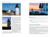 Two pages from "Lighthouses and Coastal Attractions of Northern New England" by Schiffer Publishing, Ltd. feature oceanfront lighthouse photos—one at sunset, one beside a white building—with captions and history for lighthouse enthusiasts.