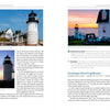 Two pages from "Lighthouses and Coastal Attractions of Northern New England" by Schiffer Publishing, Ltd. feature oceanfront lighthouse photos—one at sunset, one beside a white building—with captions and history for lighthouse enthusiasts.
