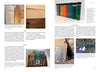 A spread from *Living with Wood* by Schiffer Publishing, Ltd. features text and images on wood finishes, dyes, paint, pigments, and wood anatomy—plus photos of wood textures, pigment bottles, colored pencils, painted wood, and a hand holding a painted stick.