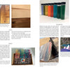 A spread from *Living with Wood* by Schiffer Publishing, Ltd. features text and images on wood finishes, dyes, paint, pigments, and wood anatomy—plus photos of wood textures, pigment bottles, colored pencils, painted wood, and a hand holding a painted stick.