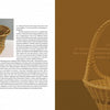 An open book, "Rooted, Revived, Reinvented" by Schiffer Publishing, Ltd., shows coiled basketry art. The left page has text and a basket image; the right features a close-up with a gold chapter title on a brown background.