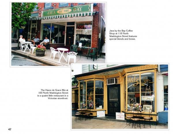 Two photos: One shows people at Java by the Bay coffee shop; the other features Havre de Grace, a cozy yellow Victorian storefront near Chesapeake Bay, as seen in Schiffer Publishing, Ltd.’s "Havre de Grace.