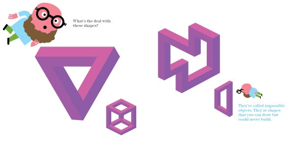 In "Look! Dr. Goodview" by Schiffer Publishing, Ltd., a cartoon character with glasses explores odd pink shapes like the Penrose triangle and impossible cube, teaching that they're optical illusions—objects that trick the eye and can't exist in reality.