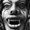 A close-up of a carved face with wide eyes, pointed fangs, and dramatic tears, echoing the fantastical figures in "Strange Minnesota Monsters" by Schiffer Publishing, Ltd., depicted in bold black and white.