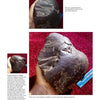 A hand displays a dark meteorite with a smooth, cracked surface from various angles on a red background—perfect Meteorites images for collectors' guides from Schiffer Publishing, Ltd. Some photos include a blue measuring scale.