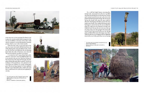 A two-page spread in *Moving Sam Maloof* (Schiffer Publishing, Ltd.) features photos and text on relocating a tall palm tree—showing transport by truck, workers with machinery, and the tree upright—highlighting historic preservation efforts.