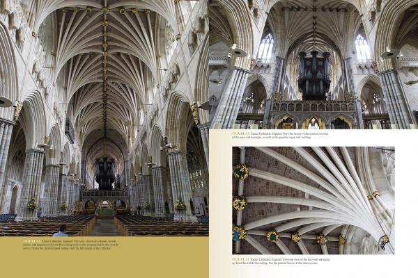 Discover "Cathedrals Built by the Masons" from Schiffer Publishing, Ltd.—featuring breathtaking Gothic interiors with vaulted ceilings, stone columns, and pews, plus inset images highlighting intricate ceilings and ornate stonework.