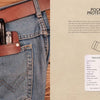 A Leathercraft pocket protector from Schiffer Publishing, Ltd. holds scissors, pens, and a pencil on blue jeans, with a guide beside it showing tools, materials, and an illustration.
