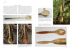 A page from "Living with Wood" by Schiffer Publishing, Ltd. showcases handmade wooden spoons on branches and white backgrounds, featuring wood anatomy and grain patterns—a visual woodworking guide.