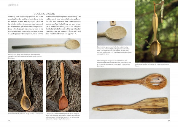 A page from "Living with Wood" by Schiffer Publishing, Ltd. showcases handmade wooden spoons on branches and white backgrounds, featuring wood anatomy and grain patterns—a visual woodworking guide.