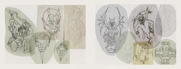 Classic Tattoo Stencils 2 by Schiffer Publishing, Ltd. features seven overlapping tattoo-style sketches of demonic and monstrous figures on translucent sheets inspired by mid-20th-century celluloid acetate stencils.