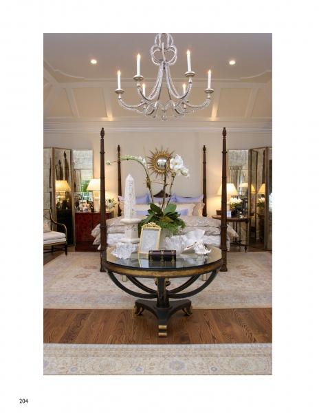 Elegant bedroom styled for a Decorator Showhouse, featuring a canopy bed, mirrored nightstands, chandelier, and cozy details. "Showhouses 2" by Schiffer Publishing, Ltd. completes this softly lit interior design sanctuary.