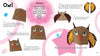 A step-by-step illustrated guide from Schiffer Publishing, Ltd. shows how to make an owl hand puppet with Cloth, colored felt feathers, and googly eyes on a pink, star-patterned background—ideal for fabric crafts.