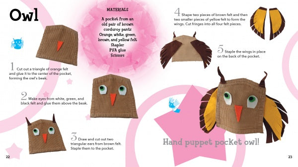 A step-by-step illustrated guide from Schiffer Publishing, Ltd. shows how to make an owl hand puppet with Cloth, colored felt feathers, and googly eyes on a pink, star-patterned background—ideal for fabric crafts.