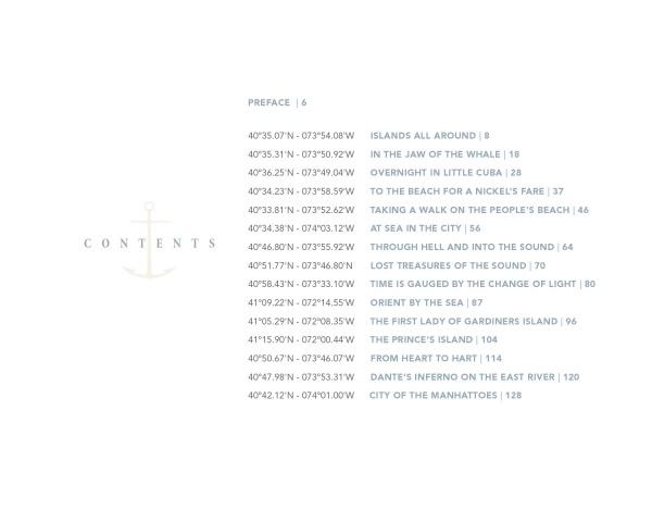A table of contents for "Archipelago New York" by Schiffer Publishing, Ltd., features section titles with coordinates, inspired by a sailing log book, listing islands, whales, beaches, treasure, and notable spots over a faint anchor icon.