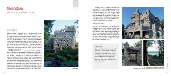 A two-page spread in Notorious New England by Schiffer Publishing, Ltd. explores Gillette’s Castle in Connecticut, featuring photos of its stone walls, wooded grounds, eerie archway, and shadowy outdoor walkway.