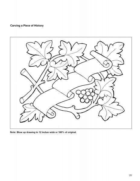 A black-and-white line drawing of grape leaves, clusters, and curling vines surrounds a blank banner—an intricate design ideal for practicing ornamental relief carving with Relief Carving with Nora Hall by Schiffer Publishing, Ltd.