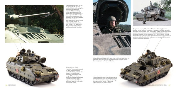 A Schiffer Publishing, Ltd. spread features detailed photos of M2/M3 Bradley vehicles, with close-ups of exteriors and a soldier in a hatch, accompanied by captions and technical details.