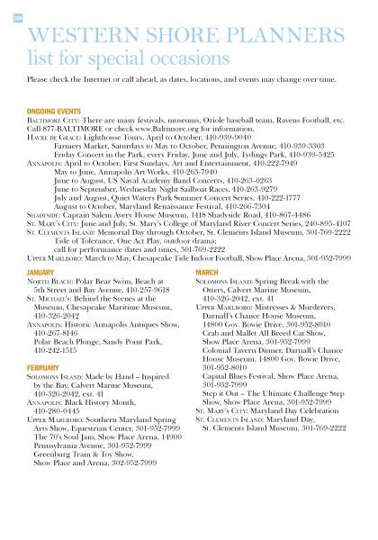 A printed event guide, “Cities and Towns of the Chesapeake” by Schiffer Publishing, Ltd., lists ongoing and January/March events in Maryland’s historic towns, with locations, phone numbers, and descriptions in organized columns.