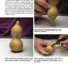 A person demonstrates preparing a gourd for crafting in "Making Gourd Ornaments" by Schiffer Publishing, Ltd.: showing the whole gourd, holding it, and cutting its bulbous end with a small saw. Text instructions appear beside and below the images.