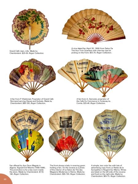 Fans: Advertising & Souvenir" by Schiffer Publishing, Ltd. showcases eight vintage advertising fans with colorful, unique designs, arranged in two rows on a white background, each labeled with descriptive text below.