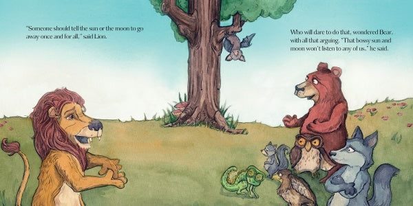 In "Sun & Moon Take Turns" by Schiffer Publishing, Ltd., a lion gathers with a bear, fox, rabbit, owl, squirrel, chameleons, and birds under a tree in a sunny meadow to learn about Earth's day-and-night cycles.