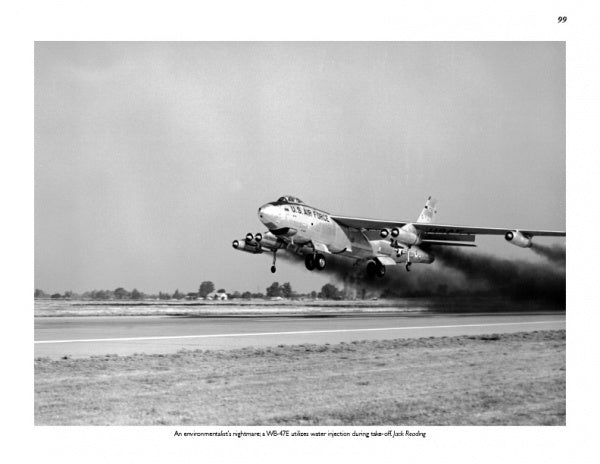 A Boeing B-47 Stratojet, featured in Schiffer Publishing, Ltd.'s history, takes off with water injection trails and extended gear, dark smoke behind and trees in the background—a striking SAC jet scene.