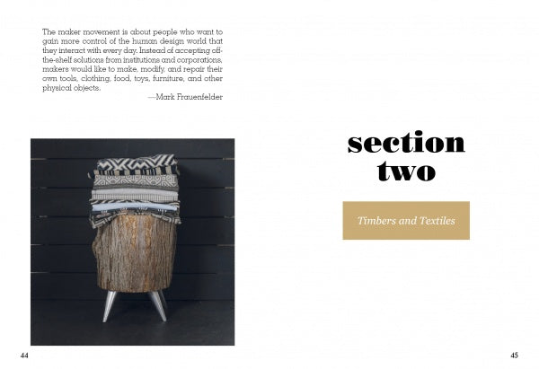 A stack of patterned fabric for upholstery projects sits on a rustic wooden stool with metal legs, beside the text: “section two: Timbers and Textiles.” Shown is The Little Upholstery Book by Schiffer Publishing, Ltd.