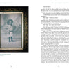 On the left page of "Cincinnati Cemeteries" by Schiffer Publishing, Ltd., a sepia portrait of a child in a large hat and boots, tied to Cincinnati ghost tales, is framed ornately. The right page shows two-column printed text on white paper.