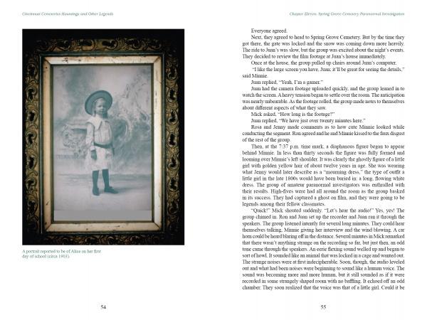 On the left page of "Cincinnati Cemeteries" by Schiffer Publishing, Ltd., a sepia portrait of a child in a large hat and boots, tied to Cincinnati ghost tales, is framed ornately. The right page shows two-column printed text on white paper.