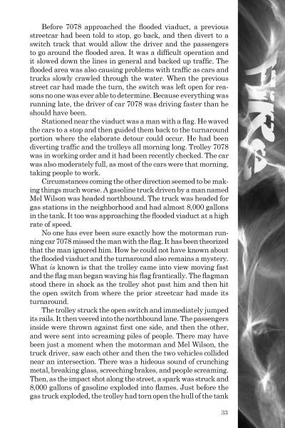 A page from "Chicago Disasters" by Schiffer Publishing, Ltd. describes a trolley nearing a flooded viaduct, its challenges, and a gasoline truck accident, mirroring past Chicago events. A bold partial word appears in the margin; page 33 is at the bottom.