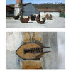 Two photos from "Contemporary Sculptors" by Schiffer Publishing, Ltd.: the first shows five rust-hued abstract sculptures outdoors; the second features an inspiring fish-shaped metal wall sculpture.