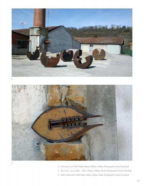 Two photos from "Contemporary Sculptors" by Schiffer Publishing, Ltd.: the first shows five rust-hued abstract sculptures outdoors; the second features an inspiring fish-shaped metal wall sculpture.
